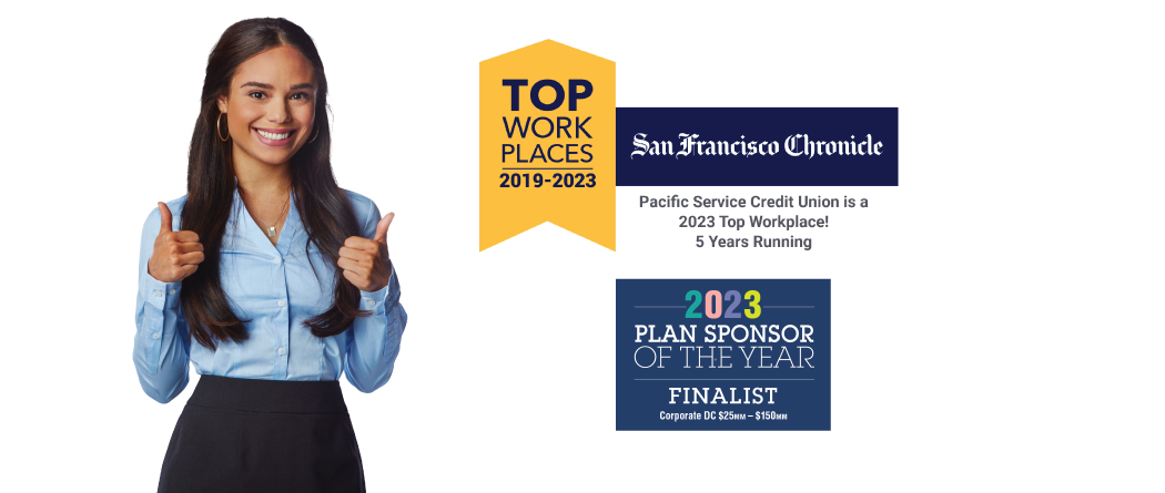 woman with thumbs up, top workplaces logo 2019-2023 plus plan sponsor of the year finalist award