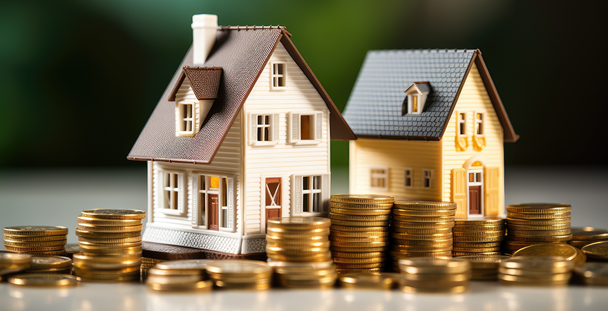 Two model houses standing on stacks of gold coins.