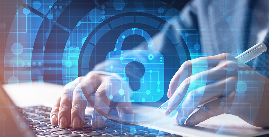 Hands typing on a laptop keyboard overlaid with a glowing padlock and network graphic.