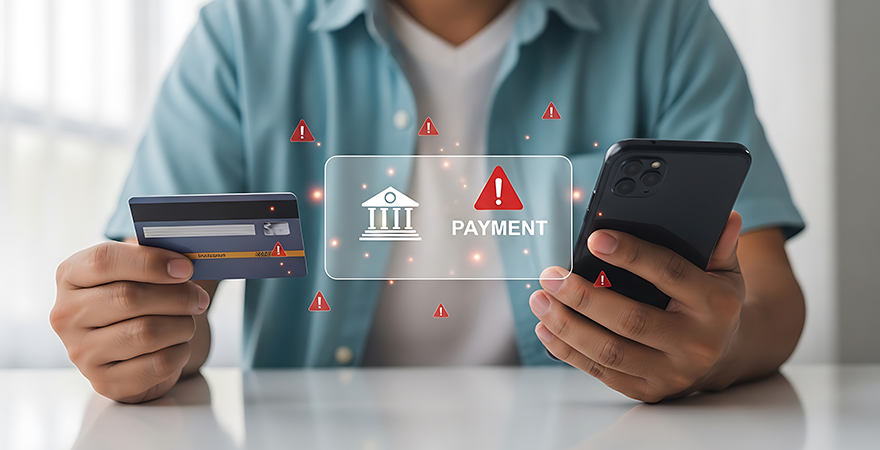 A person holding a phone in one hand and a bank card in the other, surrounded by warning icons floating over a payment screen.