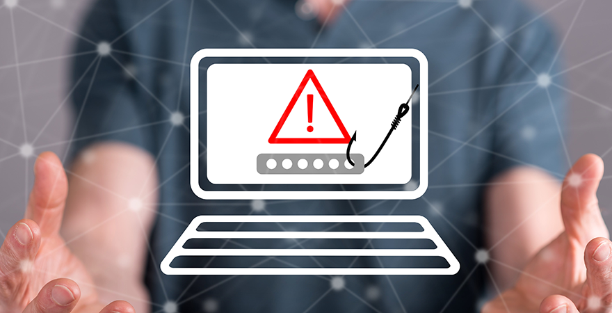 An illustration of a laptop screen showing a red warning triangle and a password field with a fishing hook pulling at it.